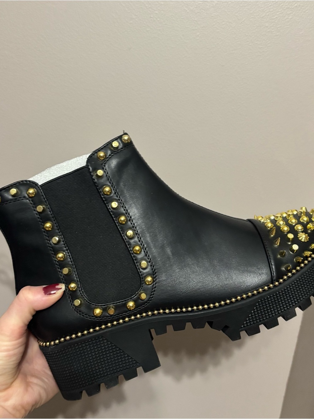 Black Leather Studded Chelsea Boot with Gold Accents - Picture 2 of 6